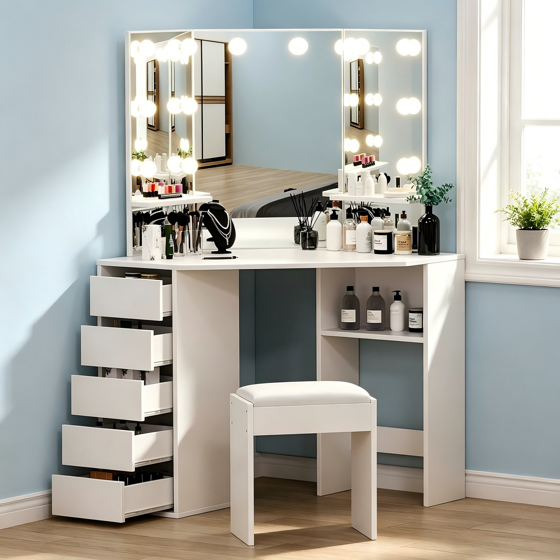 Garvee Corner L-Shaped Makeup Vanity Desk with LED Lighted Mirror - 5 Storage Drawers - Compact Corner Dressing Table for Bedroom - Color: White