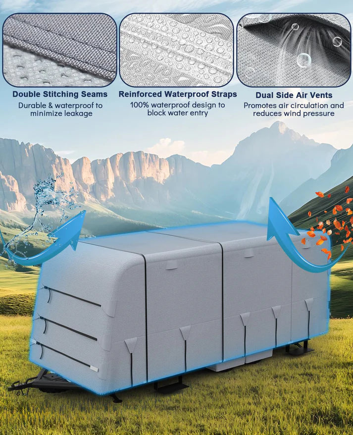 Garvee Heavy-Duty 4-Layer Caravan Cover(22-24ft) – Waterproof & Rip-Stop Breathable Winter Cover – Includes Hitch Cover & Gutter Protectors – Grey