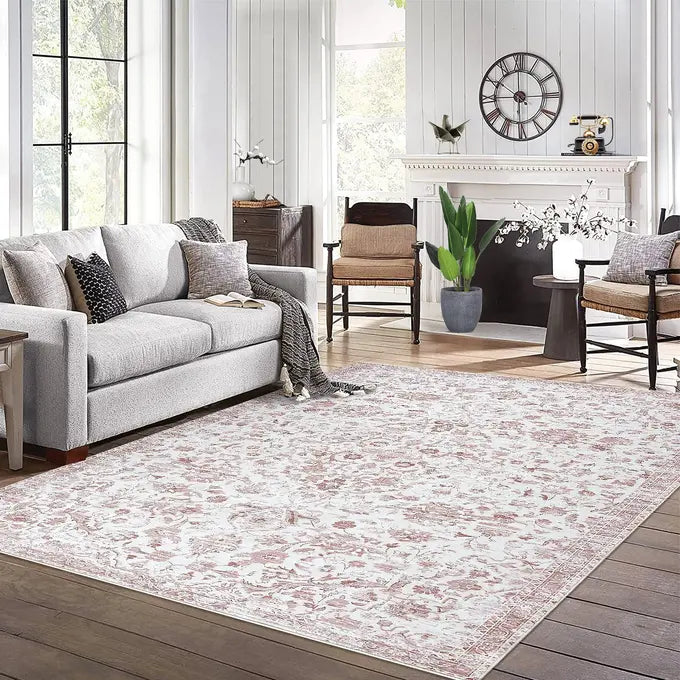 GARVEE 160x230cm Washable Area Rug Non-Slip Vintage Oriental Carpet Soft Modern Boho Stain Resistant Mat for Living Room Bedroom,Pink
