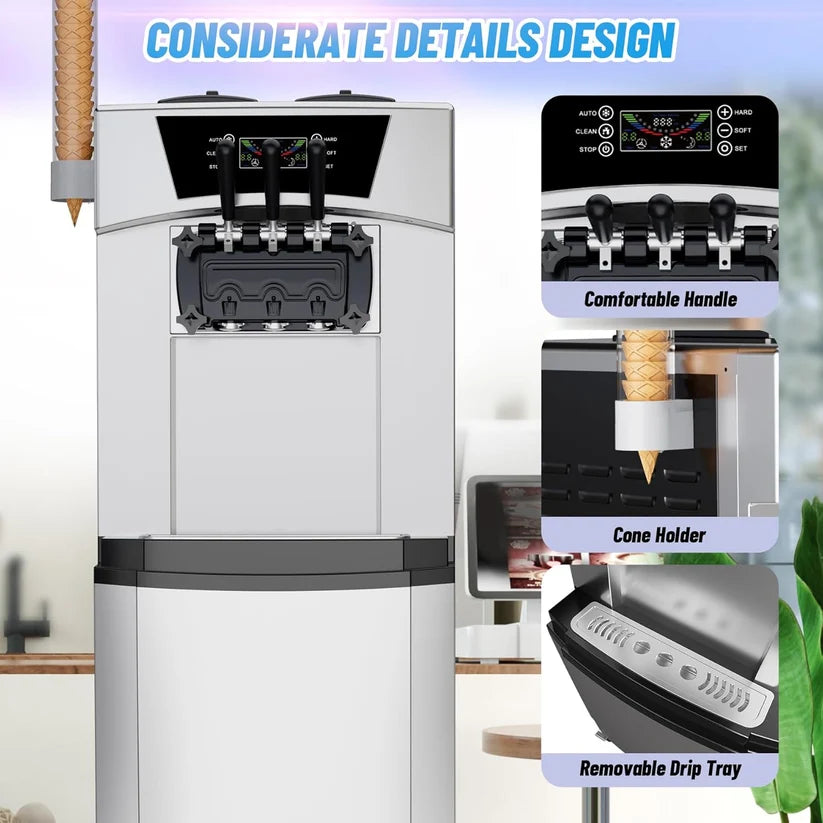 Garvee 2200W Commercial Soft Serve Ice Cream Machine - 30L/H High Output, 3-Flavor Mix & Auto-Clean for Cafes, Food Trucks, Snack Bars (LCD Display, 65dB Quiet)