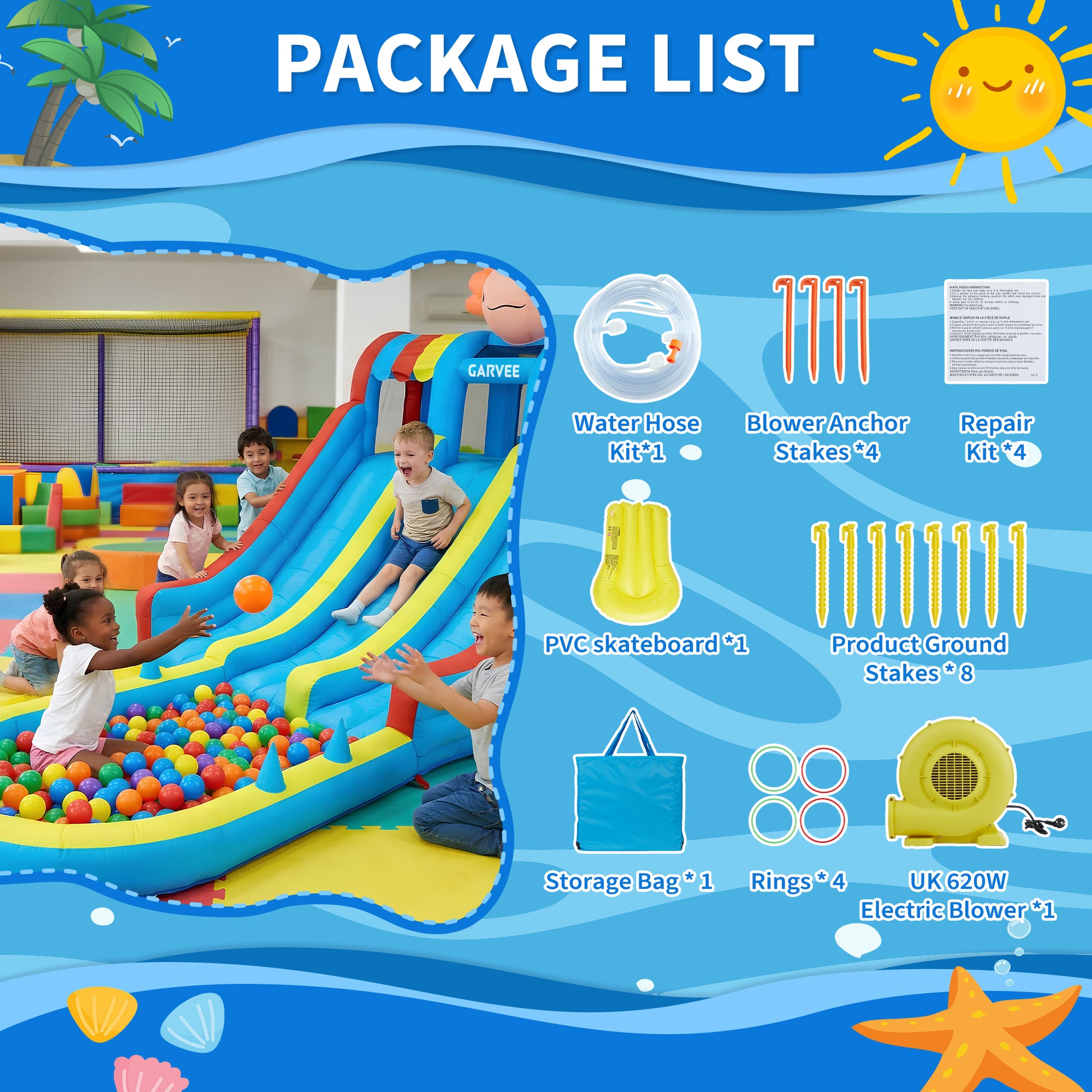 Garvee 8-in-1 Inflatable Water Park for Kids – Hexagonal Dragon-Themed Pool, Double Slides, Climbing Wall, Bounce House, Basketball Hoop, Water Guns, Durable Oxford, 550W Blower – 26002 Inflatable Water Park Hexagonal Dragon Theme - British Standard