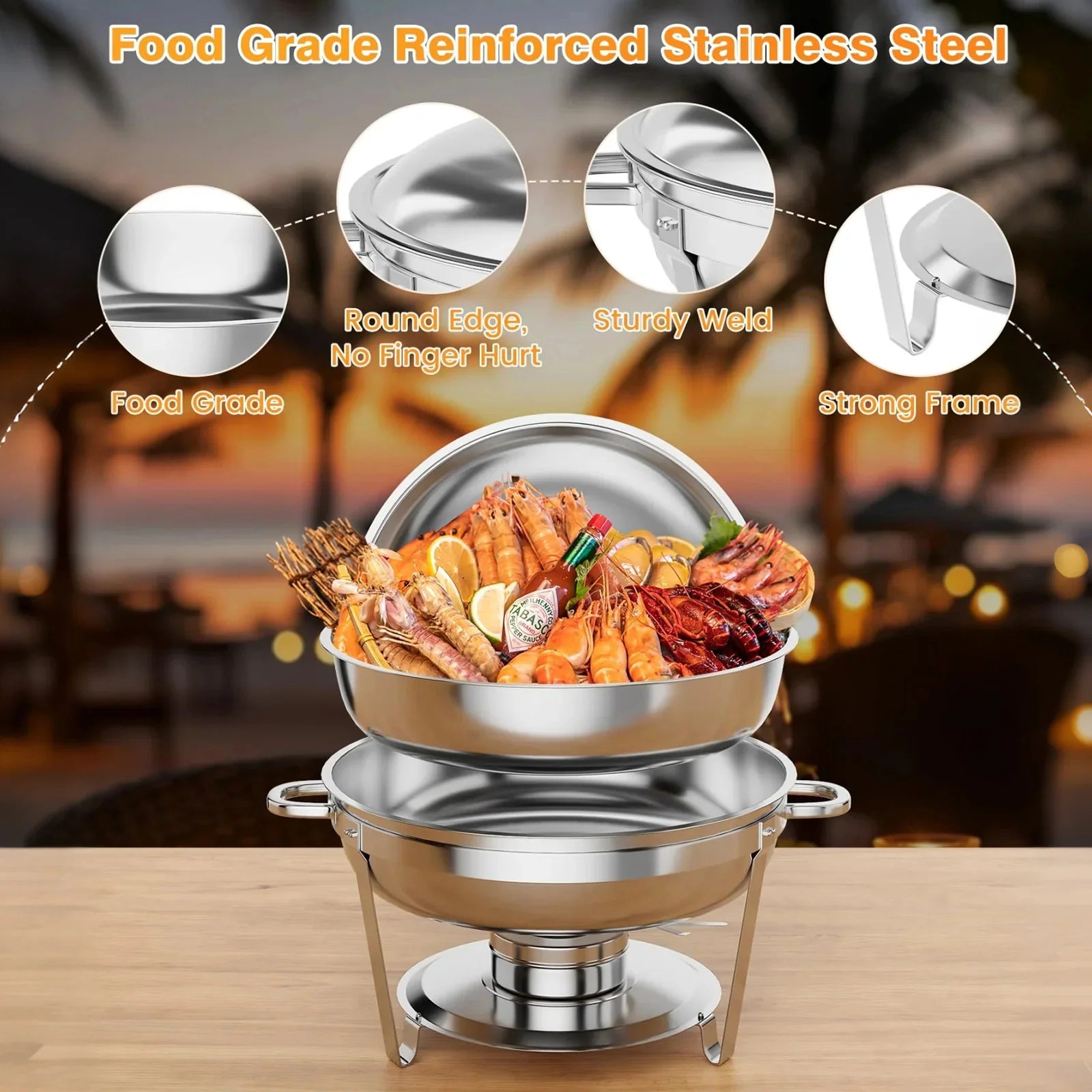 Garvee 4.7L Chafing Dish Buffet Set of 2 Pack, Round Stainless Steel Food Warmers Buffet Servers Sets, Chafer with Food & Water Pan, Lid, Frame, Fuel Holder for Catering and Parties