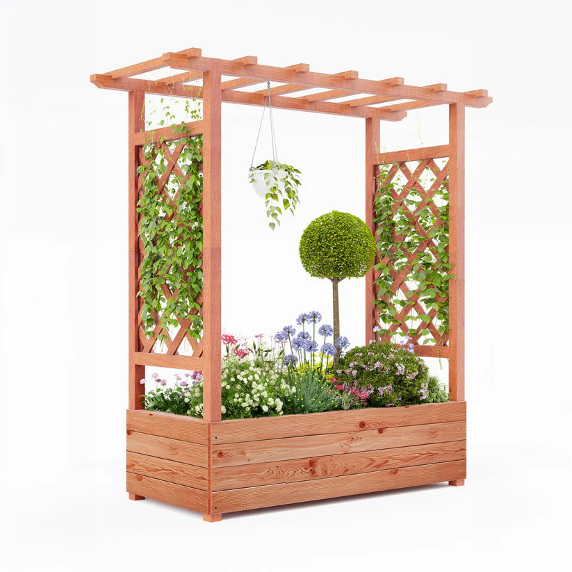 Garvee 201x44x114 cm Raised Garden Bed with Trellis Wood Planter Box Freestanding Elevated Garden Bed for Climbing Plants Natural Wood Color