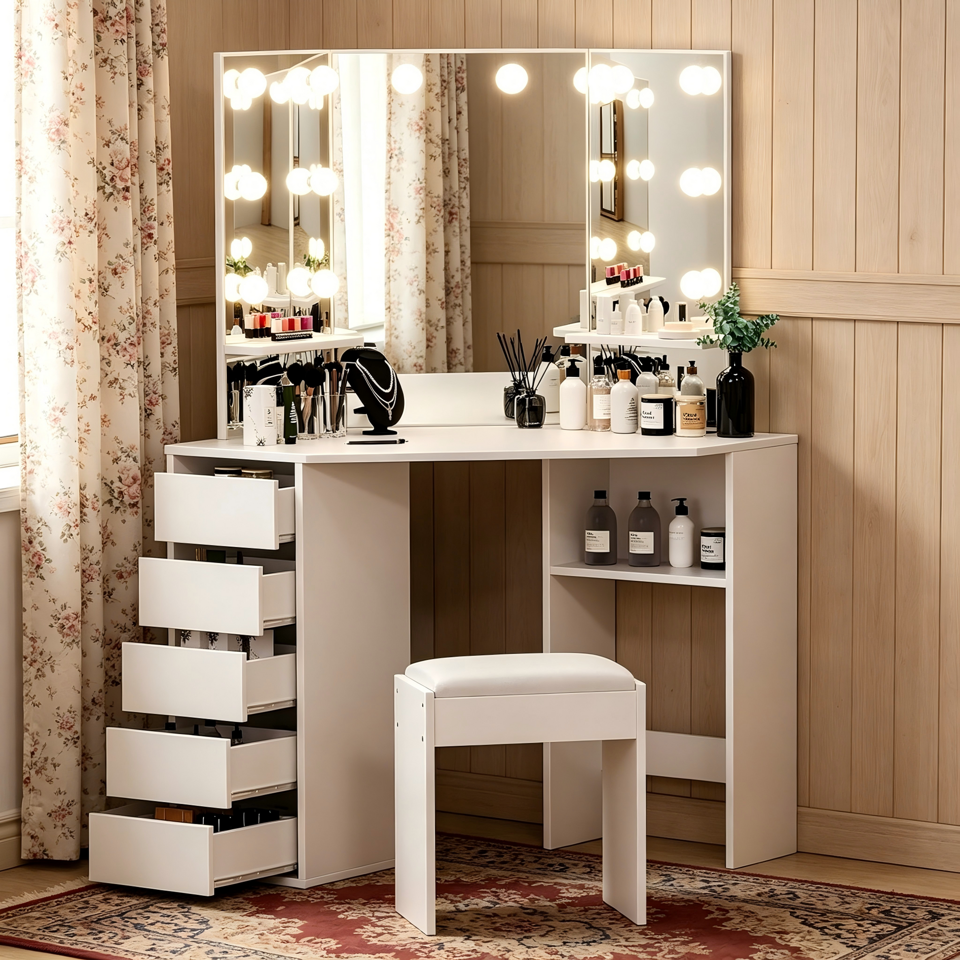 Garvee Corner L-Shaped Makeup Vanity Desk with LED Lighted Mirror - 5 Storage Drawers - Compact Corner Dressing Table for Bedroom - Color: White