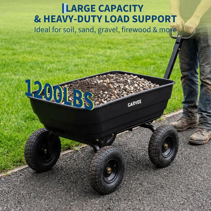 GARVEE 544kg (1200lbs) Heavy Duty Garden Tipping Trolley Quick Release Poly Tub Dump Cart Steel Frame Pneumatic Tyres Wheelbarrow Black