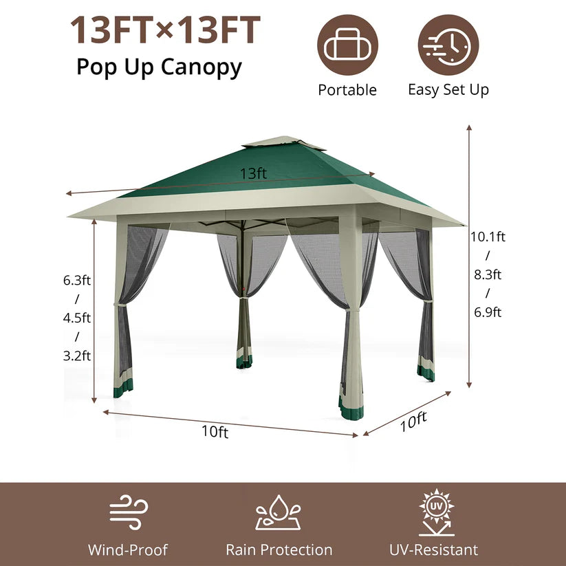 Garvee 396 x 396cm Canopy Tent Pop Up Gazebo With Mosquito Netting And Adjustable Height For Backyard Parties Green
