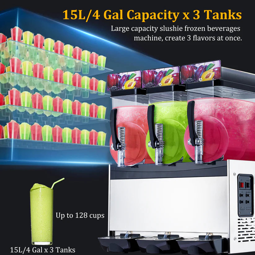Garvee 45L Commercial Slush Machine, Triple Bowl 3 x 15L Frozen Drink & Granita Maker, 230V Self-Cleaning