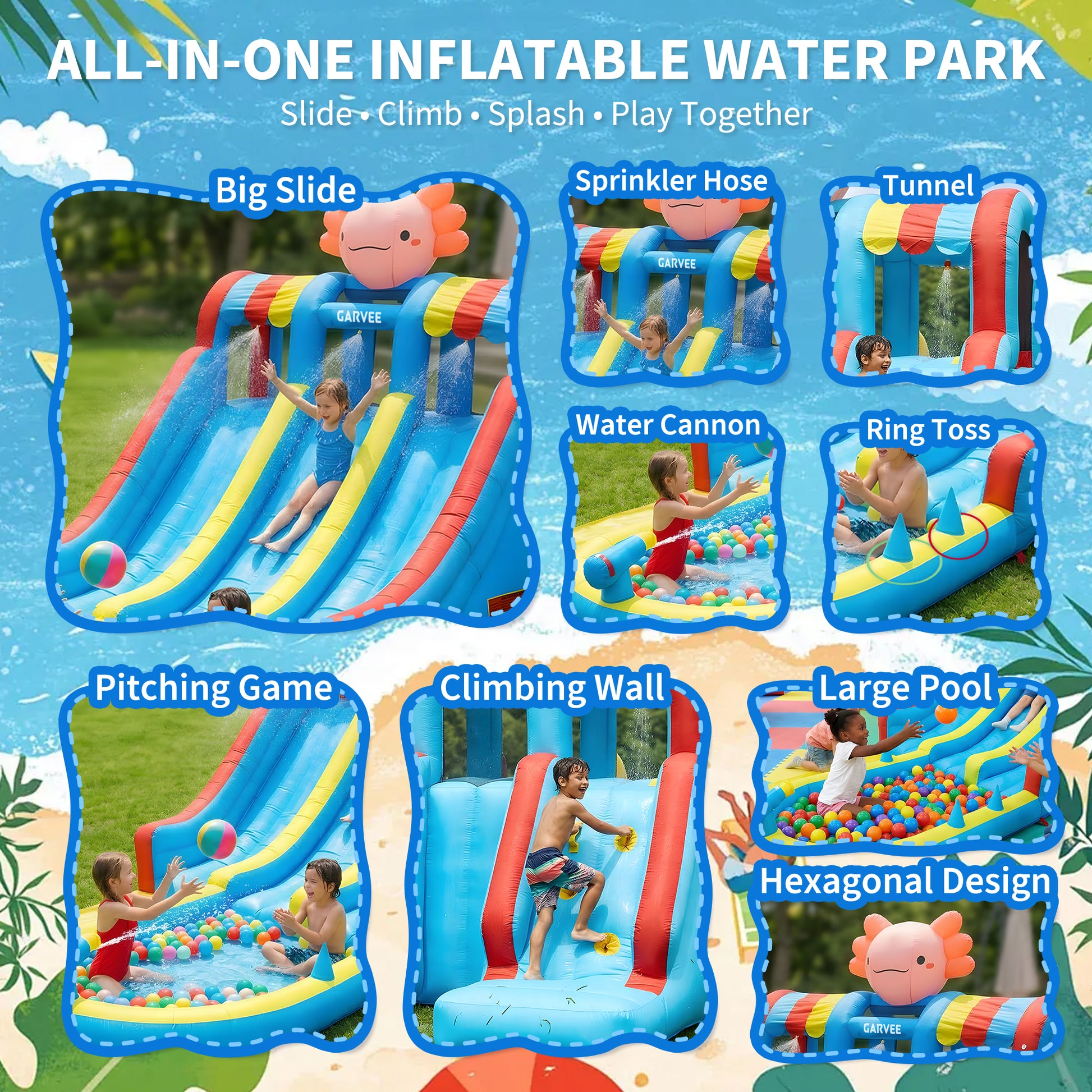 Garvee 8-in-1 Inflatable Water Park for Kids – Hexagonal Dragon-Themed Pool, Double Slides, Climbing Wall, Bounce House, Basketball Hoop, Water Guns, Durable Oxford, 550W Blower – 26002 Inflatable Water Park Hexagonal Dragon Theme - British Standard