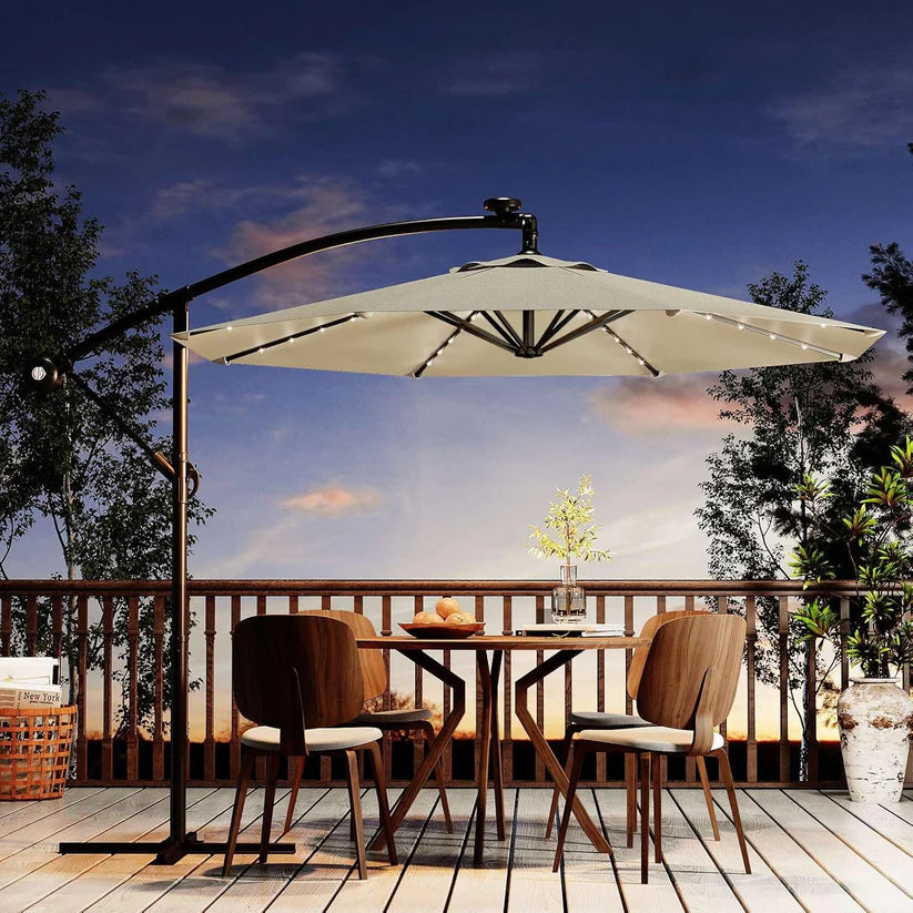Garvee 300 cm Cantilever Garden Parasol with Base 40 Solar LED Lights UPF 50 Plus UV Protection Waterproof Canopy 8 Wind Resistant Ribs Crank Handle and Tilt Function for Patio Decking and Pool,Off White
