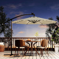 Garvee 300 cm Cantilever Garden Parasol with Base 40 Solar LED Lights UPF 50 Plus UV Protection Waterproof Canopy 8 Wind Resistant Ribs Crank Handle and Tilt Function for Patio Decking and Pool,Off White