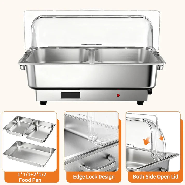 Garvee Electric Chafing Dish Buffet Server Set 9QT Capacity 600W with Roll Top Transparent Lid Adjustable Temperature Control 86 F to 200 F One Full Size and Two Half Size Food Pans for Commercial Catering,Parties and Events