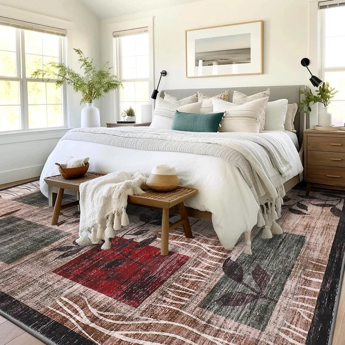 Garvee Floral Area Rug 160x230cm – Washable Large Living Room Rug, Soft Non-Slip Stain Resistant Carpet for Bedroom, Dining Room & Home Office – Modern Red/Green Home Decor
