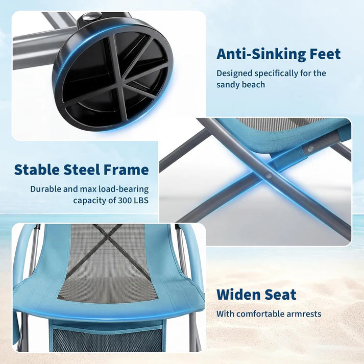 Garvee Blue Set of 2 Folding Beach Chairs 150 kg Heavy Duty Collapsible Deck Chairs with Backpack Straps and Cup Holder for Outdoor Camping