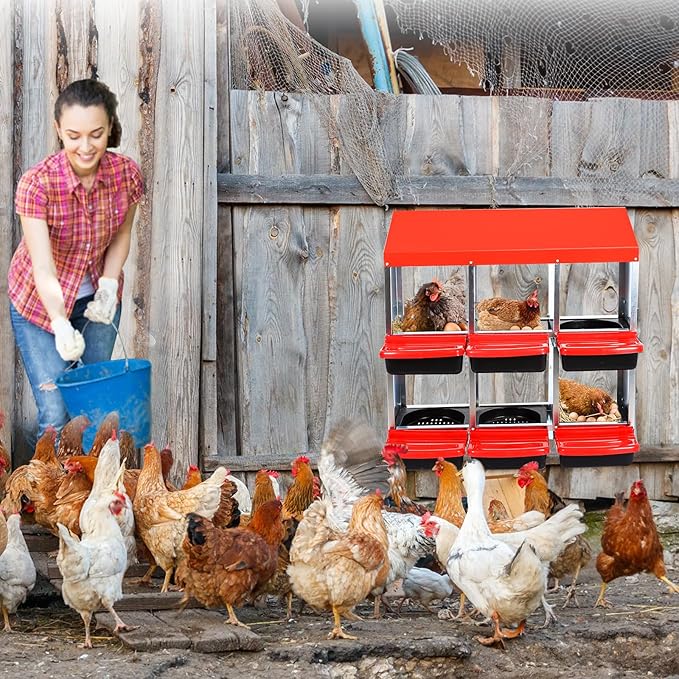 Garvee 6-Compartment Chicken Nesting Box – Poultry Laying Box with Removable Trays for Easy Cleaning, Heavy-Duty Design for Coops & Farmyards – Red