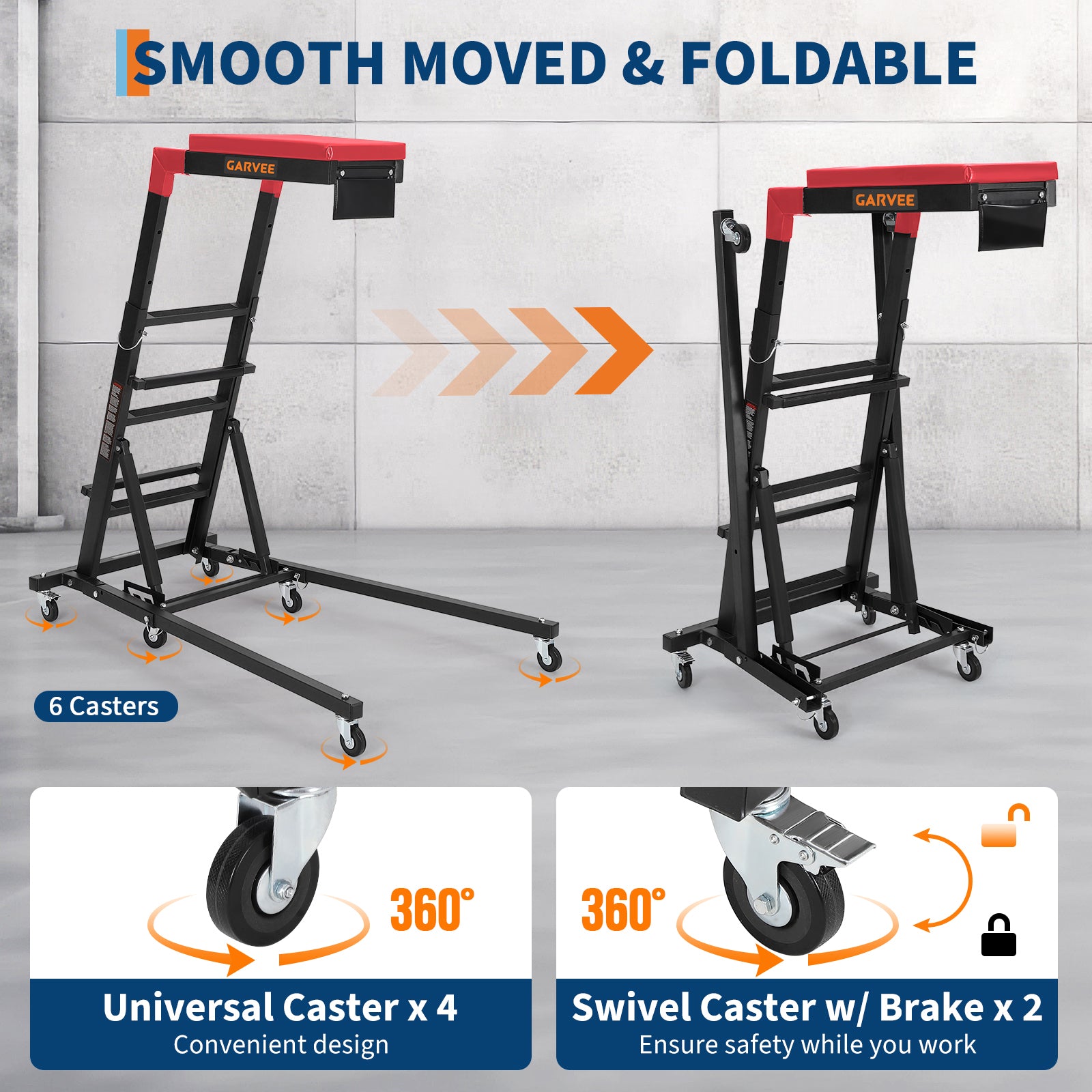 Garvee Foldable Topside Engine Creeper, 48"-66" Adjustable Height, 400lbs Heavy Duty Capacity, Padded Deck with Locking Swivel Castors, H-Base Stable Frame for Garage & Workshop Car Repairs