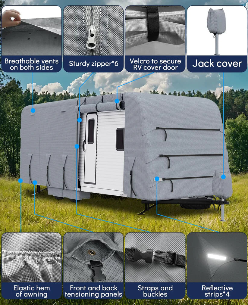 Garvee Heavy-Duty 4-Layer Caravan Cover(30-33ft) – Waterproof & Rip-Stop Breathable Winter Cover – Includes Hitch Cover & Gutter Protectors – Grey