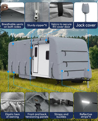 Garvee Heavy-Duty 4-Layer Caravan Cover(24-27ft) – Waterproof & Rip-Stop Breathable Winter Cover – Includes Hitch Cover & Gutter Protectors – Grey