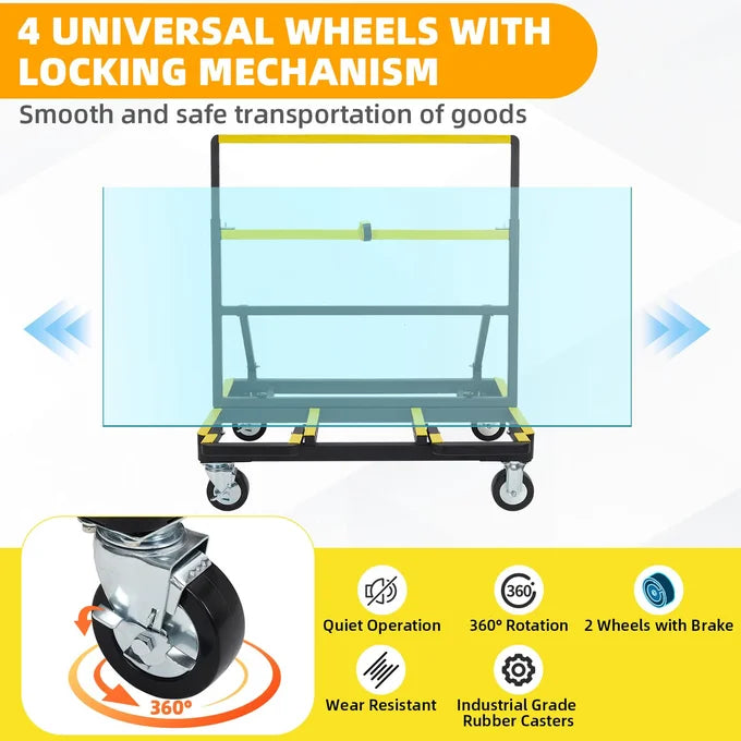 GARVEE Drywall Cart 1000kg Load Capacity Foldable Panel Trolley with Brakes Black & Yellow Sheetrock Plywood Ceramic Tile Dolly for Construction