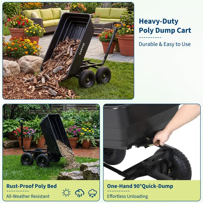 GARVEE 544kg (1200lbs) Heavy Duty Garden Tipping Trolley Quick Release Poly Tub Dump Cart Steel Frame Pneumatic Tyres Wheelbarrow Black