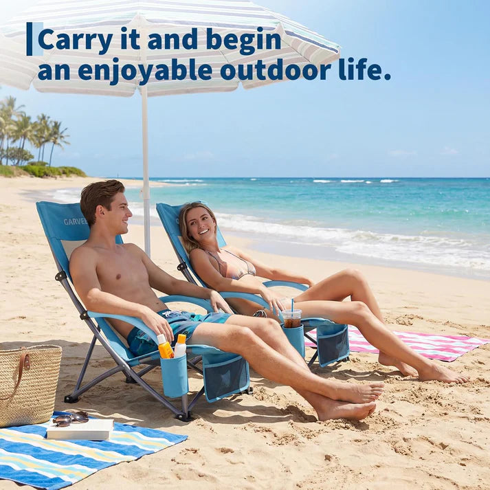 Garvee Blue Set of 2 Folding Beach Chairs 150 kg Heavy Duty Collapsible Deck Chairs with Backpack Straps and Cup Holder for Outdoor Camping