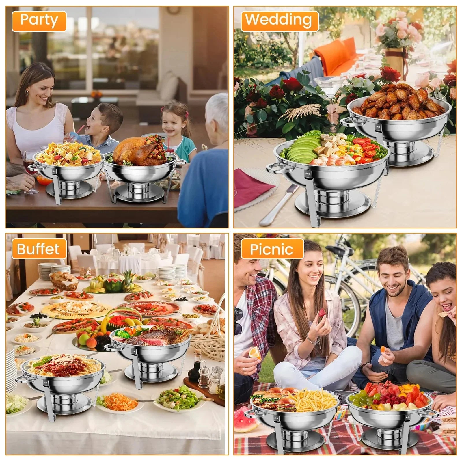 Garvee 4.7L Chafing Dish Buffet Set of 2 Pack, Round Stainless Steel Food Warmers Buffet Servers Sets, Chafer with Food & Water Pan, Lid, Frame, Fuel Holder for Catering and Parties