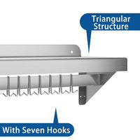 Garvee 152x30cm Wall Mounted Kitchen Shelf with Upstand – Heavy Duty Stainless Steel Storage Rack with 7 Hooks – For Home & Commercial Catering