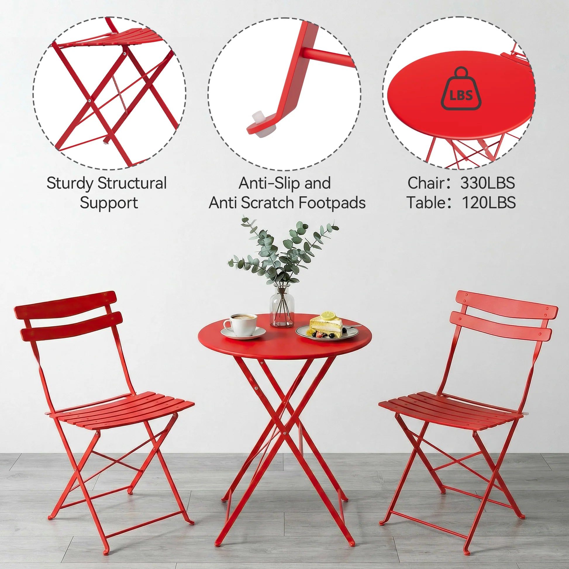 Garvee Red Foldable Metal Garden Bistro Set 3 Piece Table and Chairs Outdoor Furniture No Assembly Required for Balcony Patio and Terrace