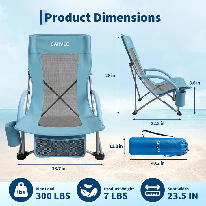 Garvee Blue Set of 2 Folding Beach Chairs 150 kg Heavy Duty Collapsible Deck Chairs with Backpack Straps and Cup Holder for Outdoor Camping
