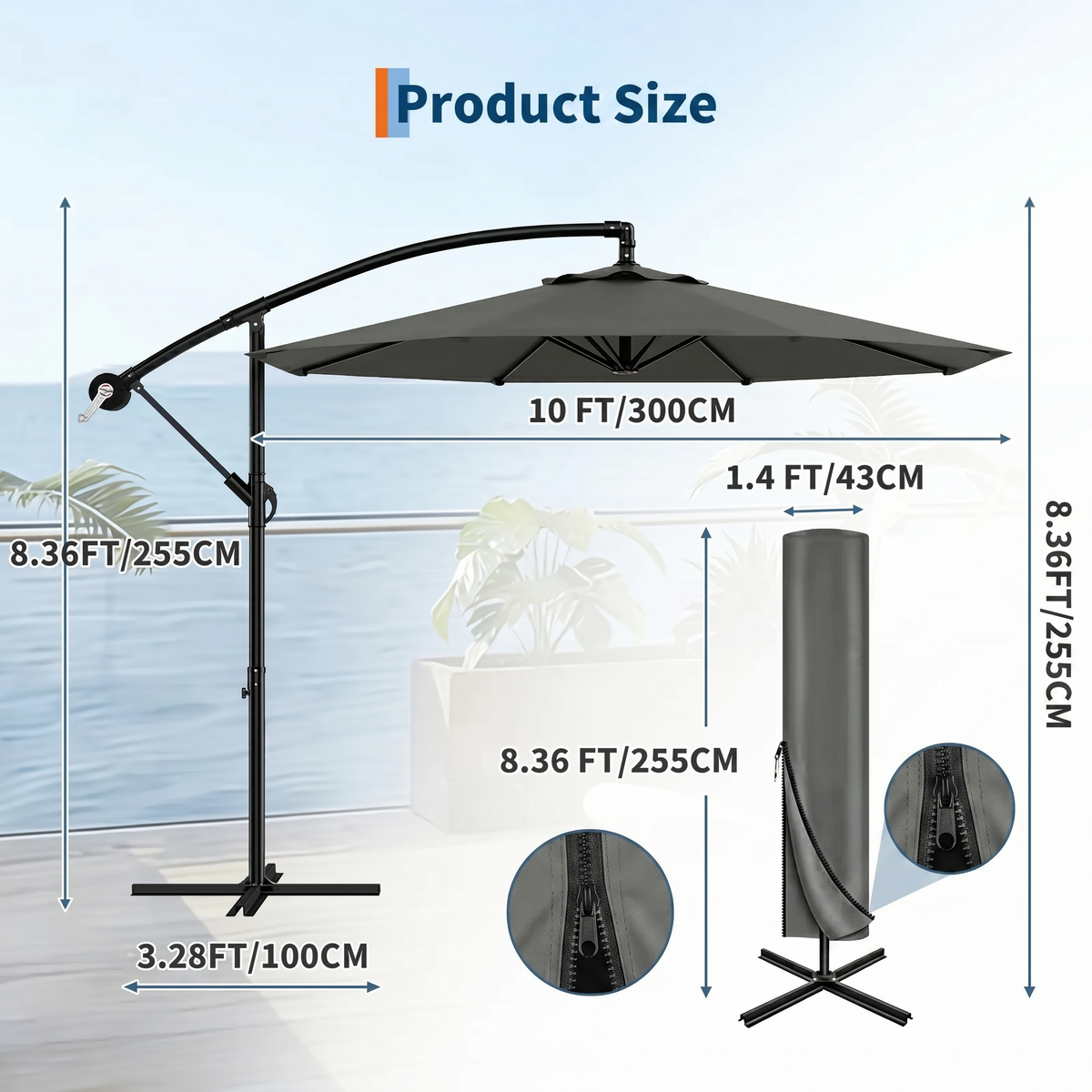 Garvee Diameter 300 cm Grey Aluminium 360 Degree Rotating Cantilever Parasol with Crank Adjustable Tilt Cross Base and UV50 Protection for Garden Patio