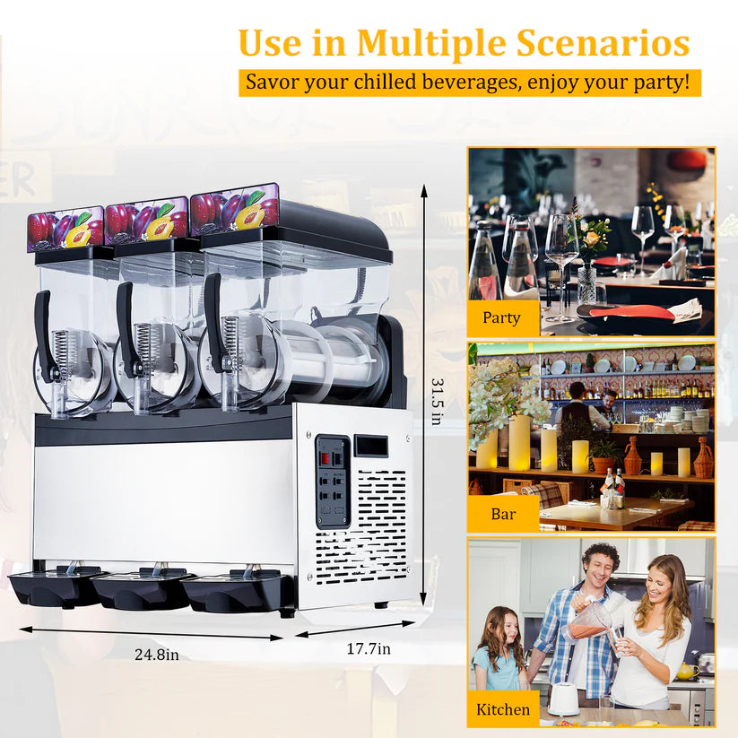 Garvee 45L Commercial Slush Machine, Triple Bowl 3 x 15L Frozen Drink & Granita Maker, 230V Self-Cleaning