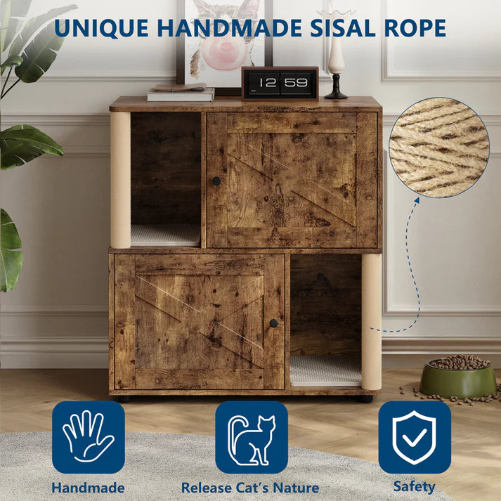 Garvee Double Layer Cat Litter Box Furniture With Scratching Post And Litter Mats, Wooden Corner Cabinet, Multi-Functional, Easy To Clean, Natural Wood Color