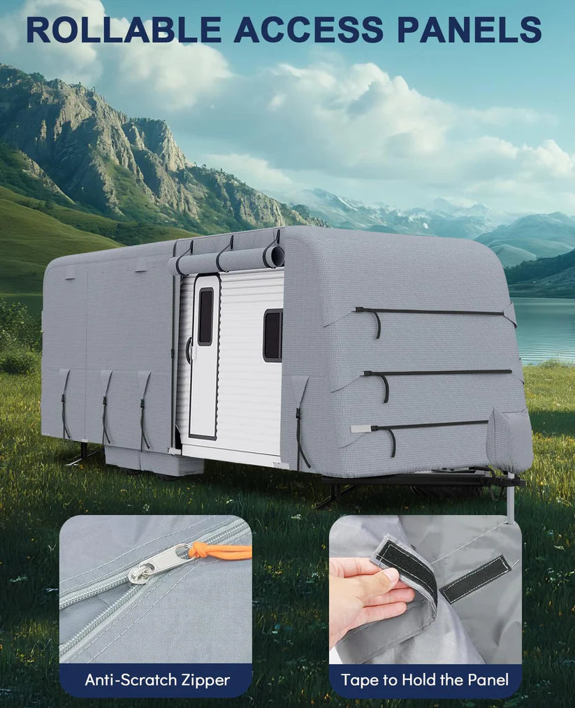 Garvee Heavy-Duty 4-Layer Caravan Cover(22-24ft) – Waterproof & Rip-Stop Breathable Winter Cover – Includes Hitch Cover & Gutter Protectors – Grey