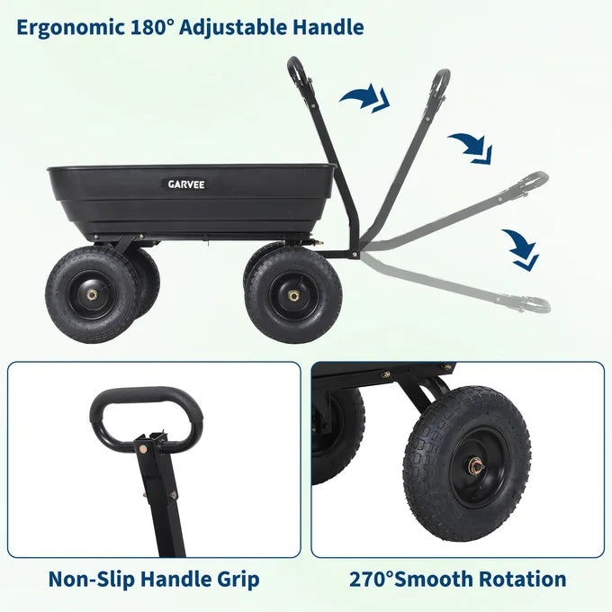 GARVEE 544kg (1200lbs) Heavy Duty Garden Tipping Trolley Quick Release Poly Tub Dump Cart Steel Frame Pneumatic Tyres Wheelbarrow Black