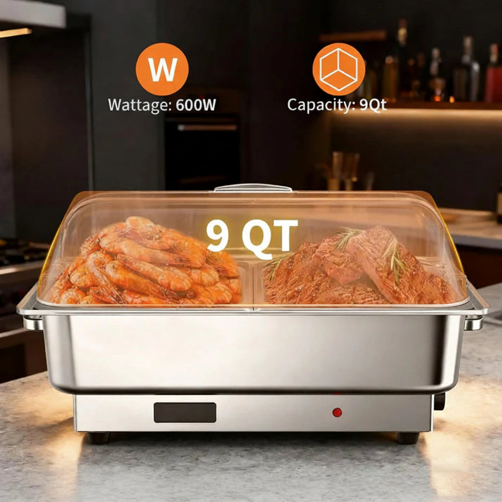 Garvee Electric Chafing Dish Buffet Server Set 9QT Capacity 600W with Roll Top Transparent Lid Adjustable Temperature Control 86 F to 200 F One Full Size and Two Half Size Food Pans for Commercial Catering,Parties and Events