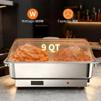 Garvee Electric Chafing Dish Buffet Server Set 9QT Capacity 600W with Roll Top Transparent Lid Adjustable Temperature Control 86 F to 200 F One Full Size and Two Half Size Food Pans for Commercial Catering,Parties and Events