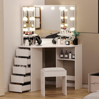 Garvee Corner L-Shaped Makeup Vanity Desk with LED Lighted Mirror - 5 Storage Drawers - Compact Corner Dressing Table for Bedroom - Color: White