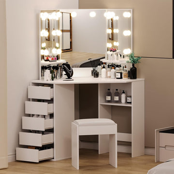 Garvee Corner L-Shaped Makeup Vanity Desk with LED Lighted Mirror - 5 Storage Drawers - Compact Corner Dressing Table for Bedroom - Color: White