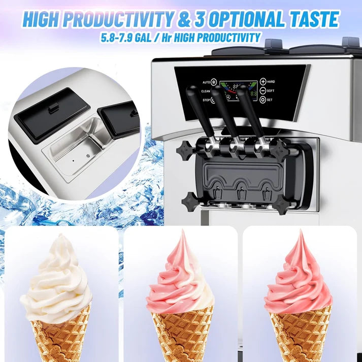 Garvee 2200W Commercial Soft Serve Ice Cream Machine - 30L/H High Output, 3-Flavor Mix & Auto-Clean for Cafes, Food Trucks, Snack Bars (LCD Display, 65dB Quiet)