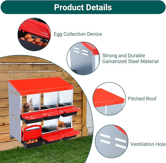 Garvee 6-Compartment Chicken Nesting Box – Poultry Laying Box with Removable Trays for Easy Cleaning, Heavy-Duty Design for Coops & Farmyards – Red