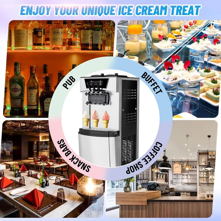 Garvee 2200W Commercial Soft Serve Ice Cream Machine - 30L/H High Output, 3-Flavor Mix & Auto-Clean for Cafes, Food Trucks, Snack Bars (LCD Display, 65dB Quiet)