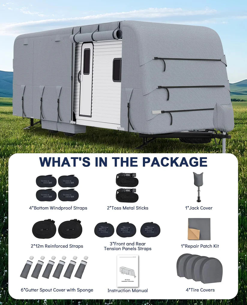 Garvee Heavy-Duty 4-Layer Caravan Cover(24-27ft) – Waterproof & Rip-Stop Breathable Winter Cover – Includes Hitch Cover & Gutter Protectors – Grey