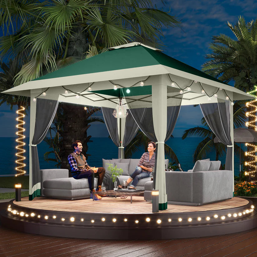 Garvee 396 x 396cm Canopy Tent Pop Up Gazebo With Mosquito Netting And Adjustable Height For Backyard Parties Green