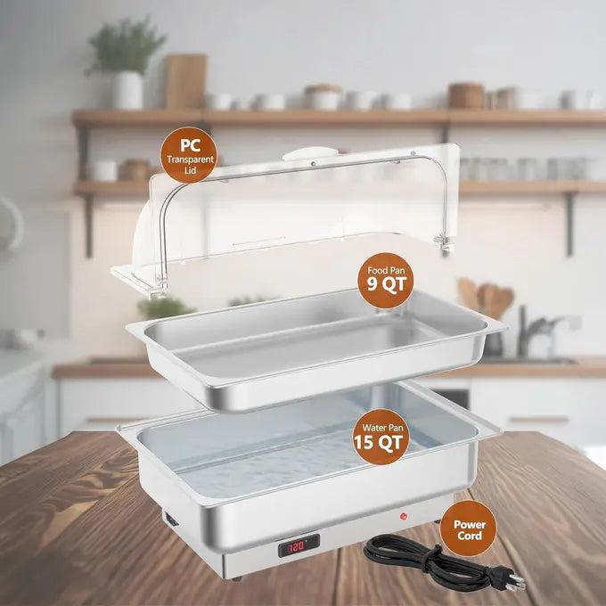Garvee Electric Chafing Dish Buffet Server Set 9QT Capacity 600W with Roll Top Transparent Lid Adjustable Temperature Control 86 F to 200 F One Full Size and Two Half Size Food Pans for Commercial Catering,Parties and Events