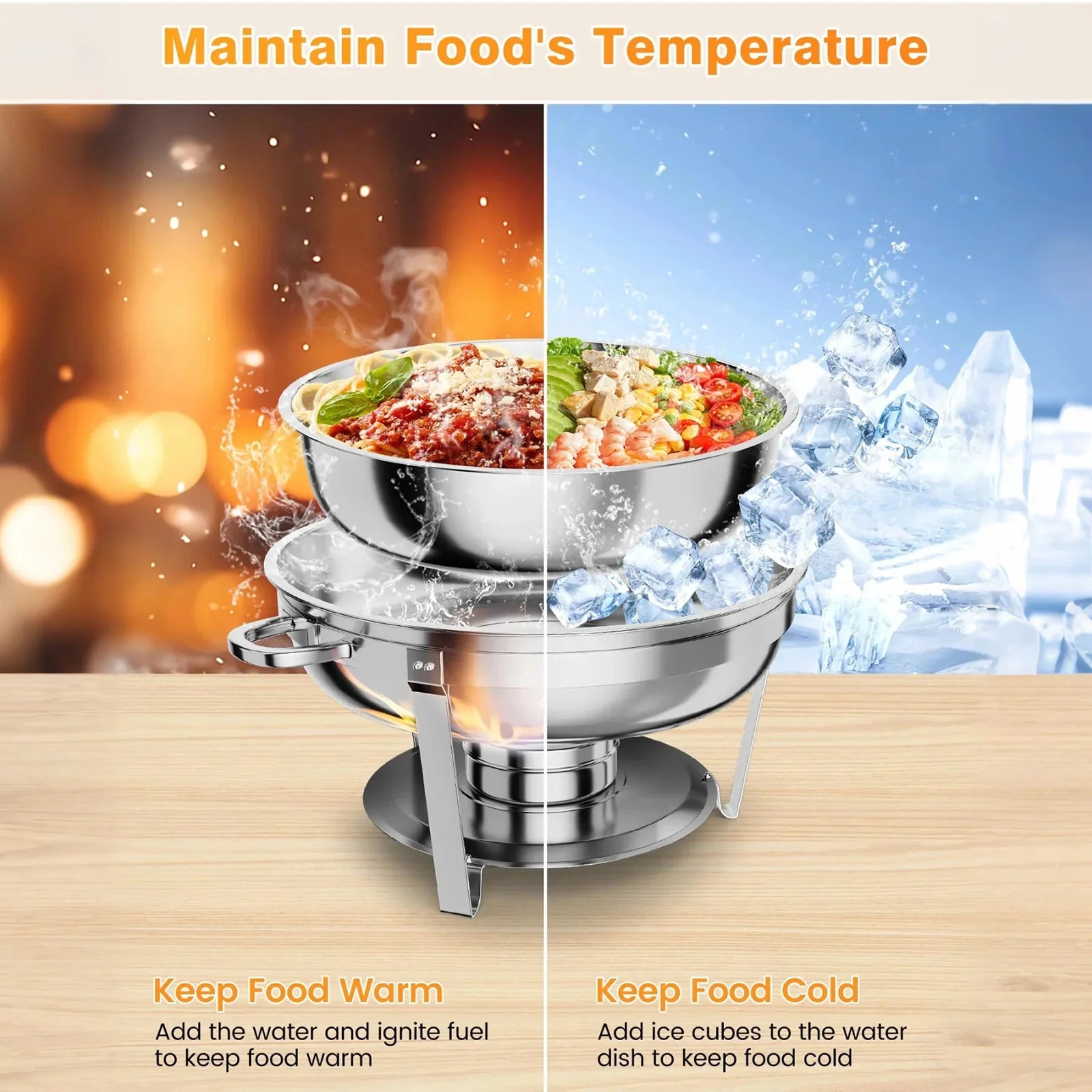 Garvee 4.7L Chafing Dish Buffet Set of 2 Pack, Round Stainless Steel Food Warmers Buffet Servers Sets, Chafer with Food & Water Pan, Lid, Frame, Fuel Holder for Catering and Parties