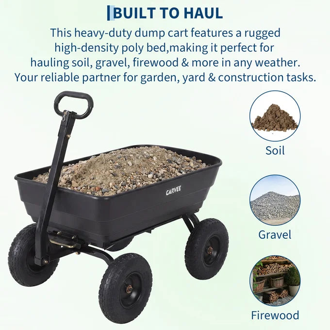 GARVEE 544kg (1200lbs) Heavy Duty Garden Tipping Trolley Quick Release Poly Tub Dump Cart Steel Frame Pneumatic Tyres Wheelbarrow Black
