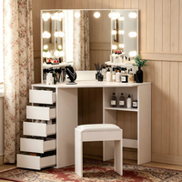 Garvee Corner L-Shaped Makeup Vanity Desk with LED Lighted Mirror - 5 Storage Drawers - Compact Corner Dressing Table for Bedroom - Color: White