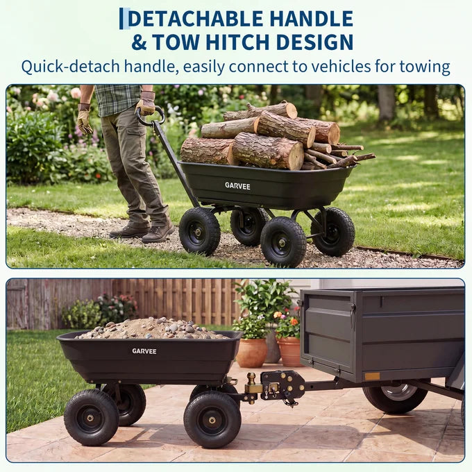 GARVEE 544kg (1200lbs) Heavy Duty Garden Tipping Trolley Quick Release Poly Tub Dump Cart Steel Frame Pneumatic Tyres Wheelbarrow Black