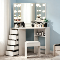Garvee Corner L-Shaped Makeup Vanity Desk with LED Lighted Mirror - 5 Storage Drawers - Compact Corner Dressing Table for Bedroom - Color: White