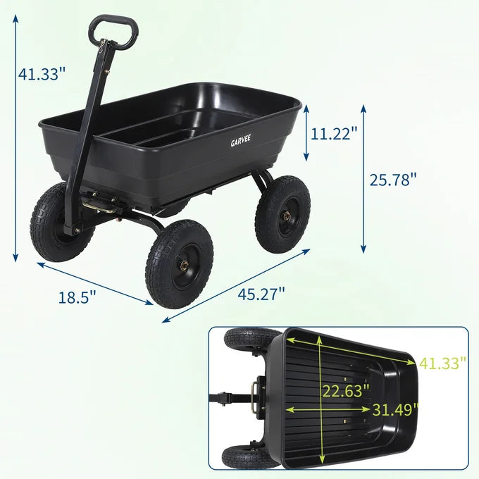 GARVEE 544kg (1200lbs) Heavy Duty Garden Tipping Trolley Quick Release Poly Tub Dump Cart Steel Frame Pneumatic Tyres Wheelbarrow Black