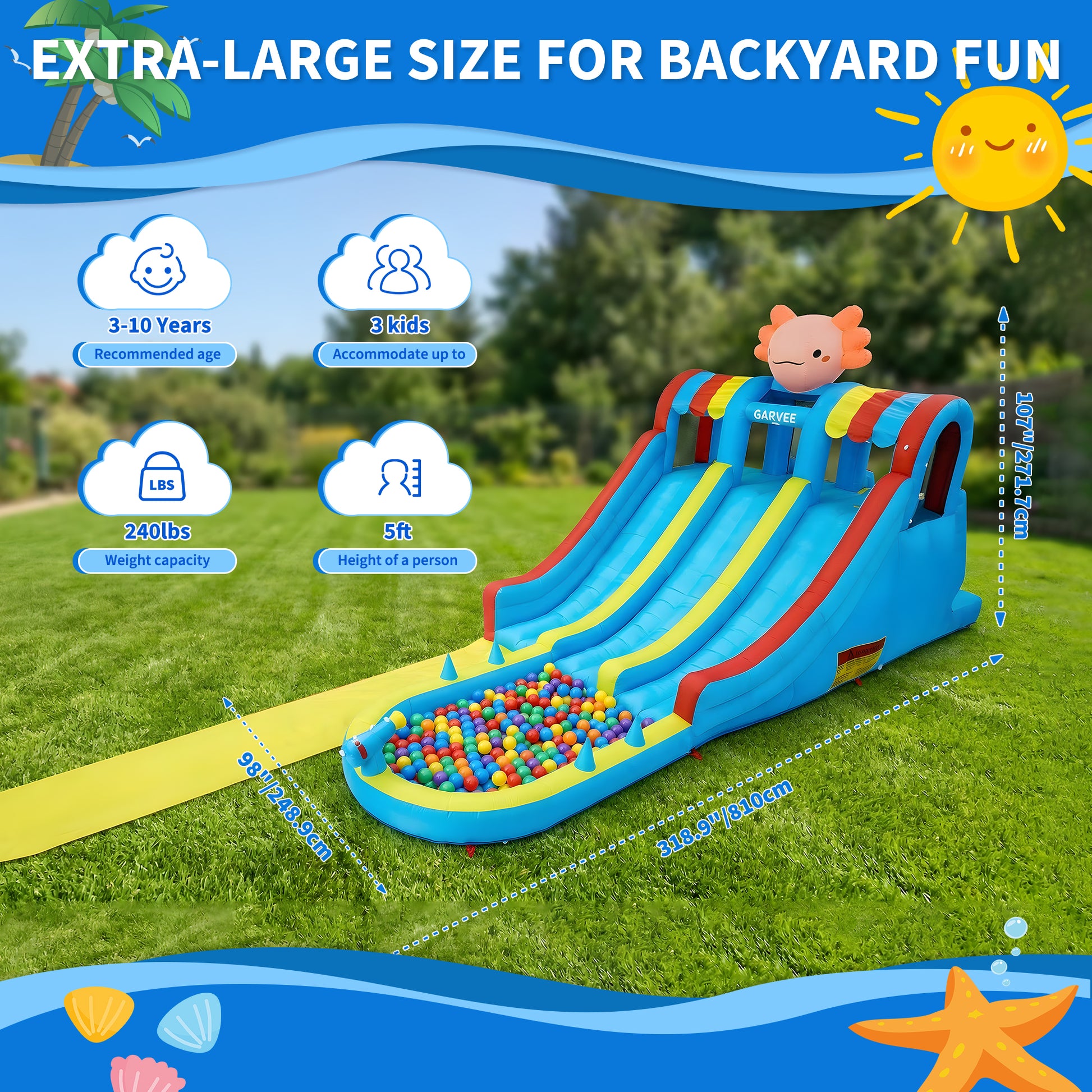 Garvee 8-in-1 Inflatable Water Park for Kids – Hexagonal Dragon-Themed Pool, Double Slides, Climbing Wall, Bounce House, Basketball Hoop, Water Guns, Durable Oxford, 550W Blower – 26002 Inflatable Water Park Hexagonal Dragon Theme - British Standard